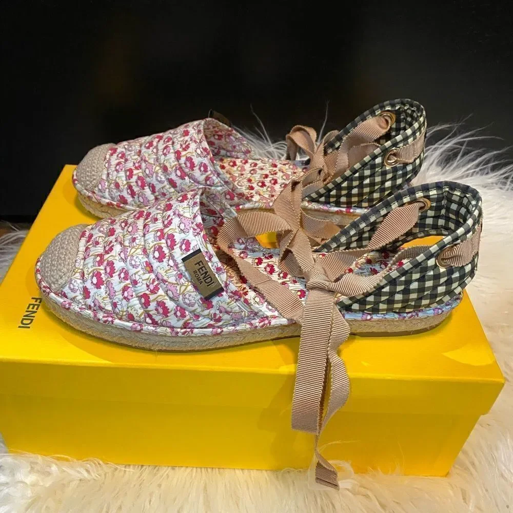 Fendi Quilted floral & gingham canvas espadrilles flats shoes